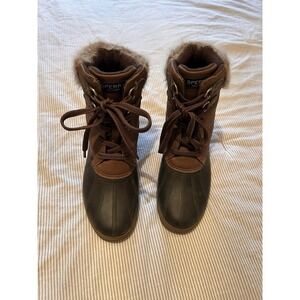 Sperry TopSider Syren Womens Size 8 Duck Boots Faux Fur 2 inch Heel Lace Up Tan